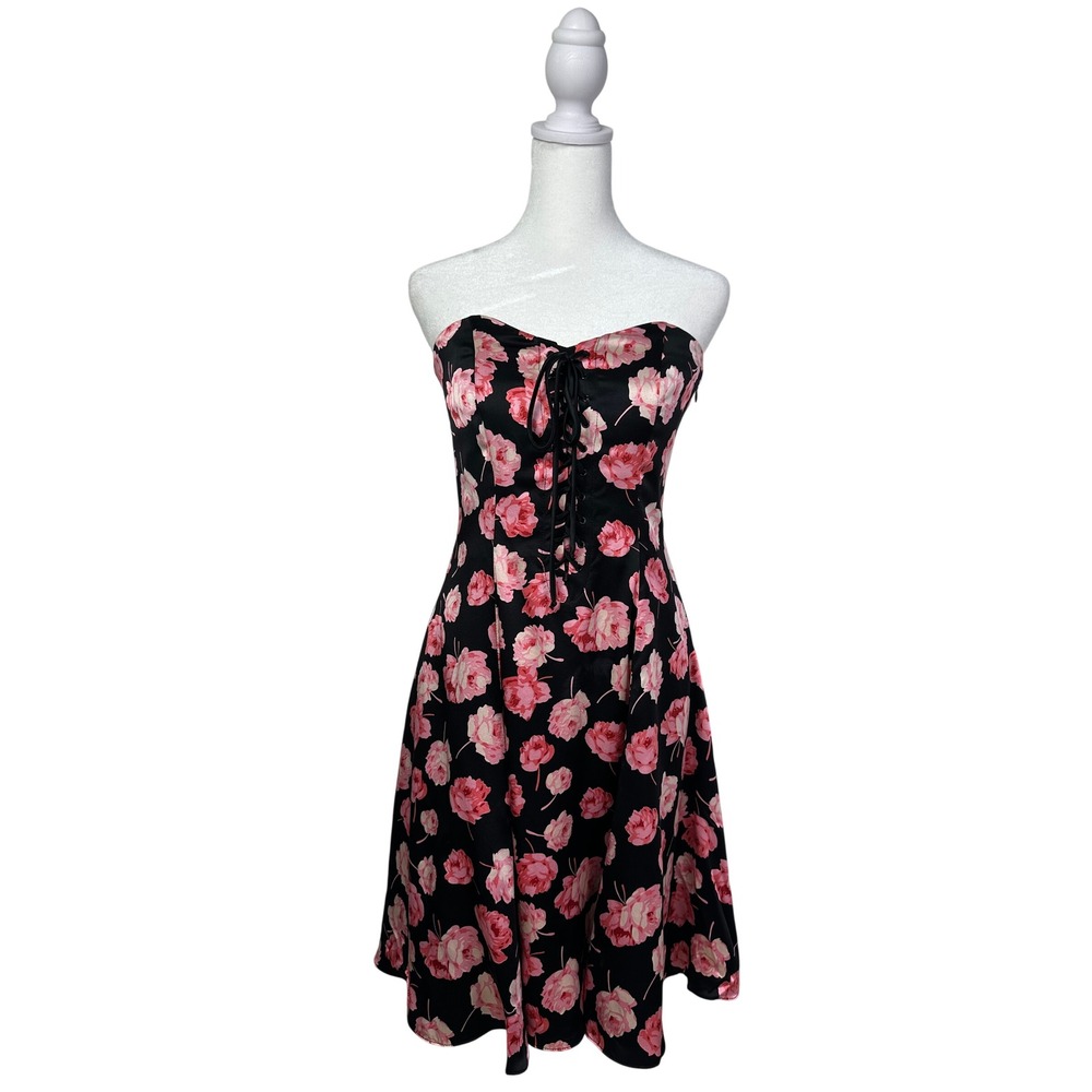 VTG 90s BETSEY JOHNSON SILK Dress Rose Black‎ Pink Floral SIze 8 Y2K Halter READ